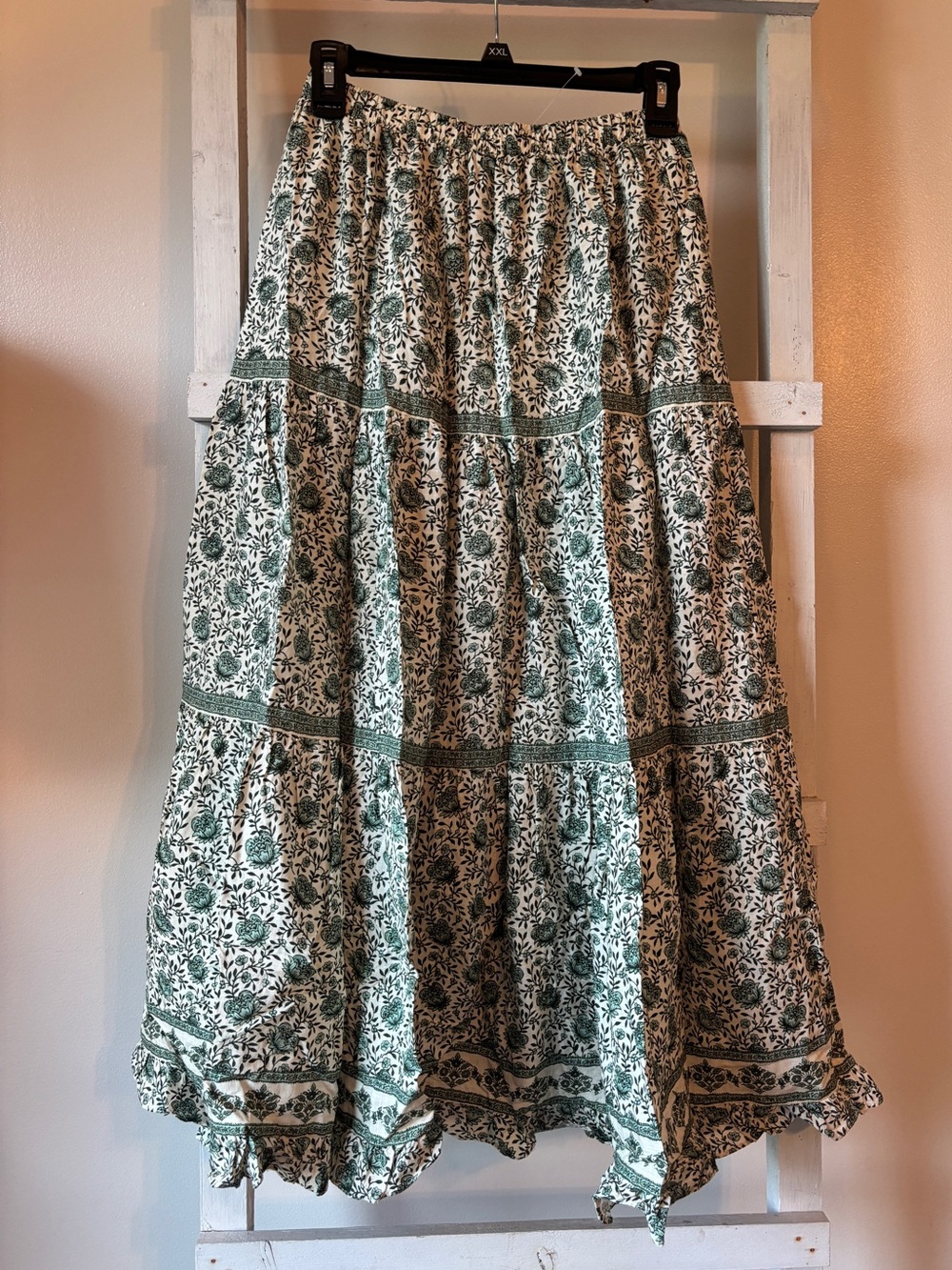 Max Studio White and Green Floral Tiered Maxi Skirt